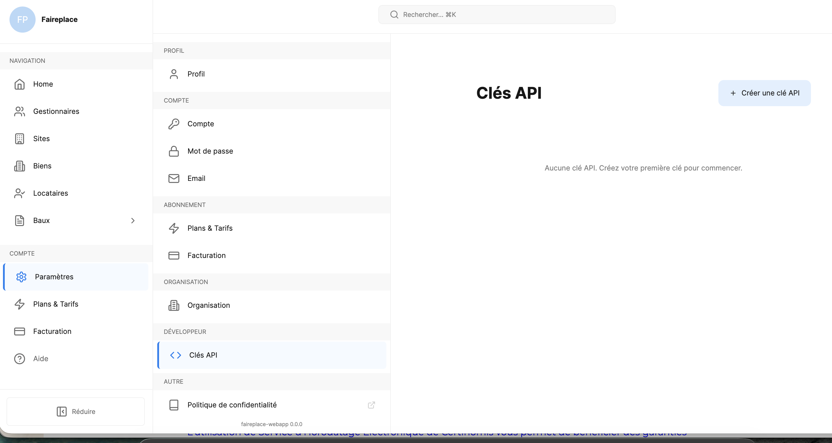 API Keys page