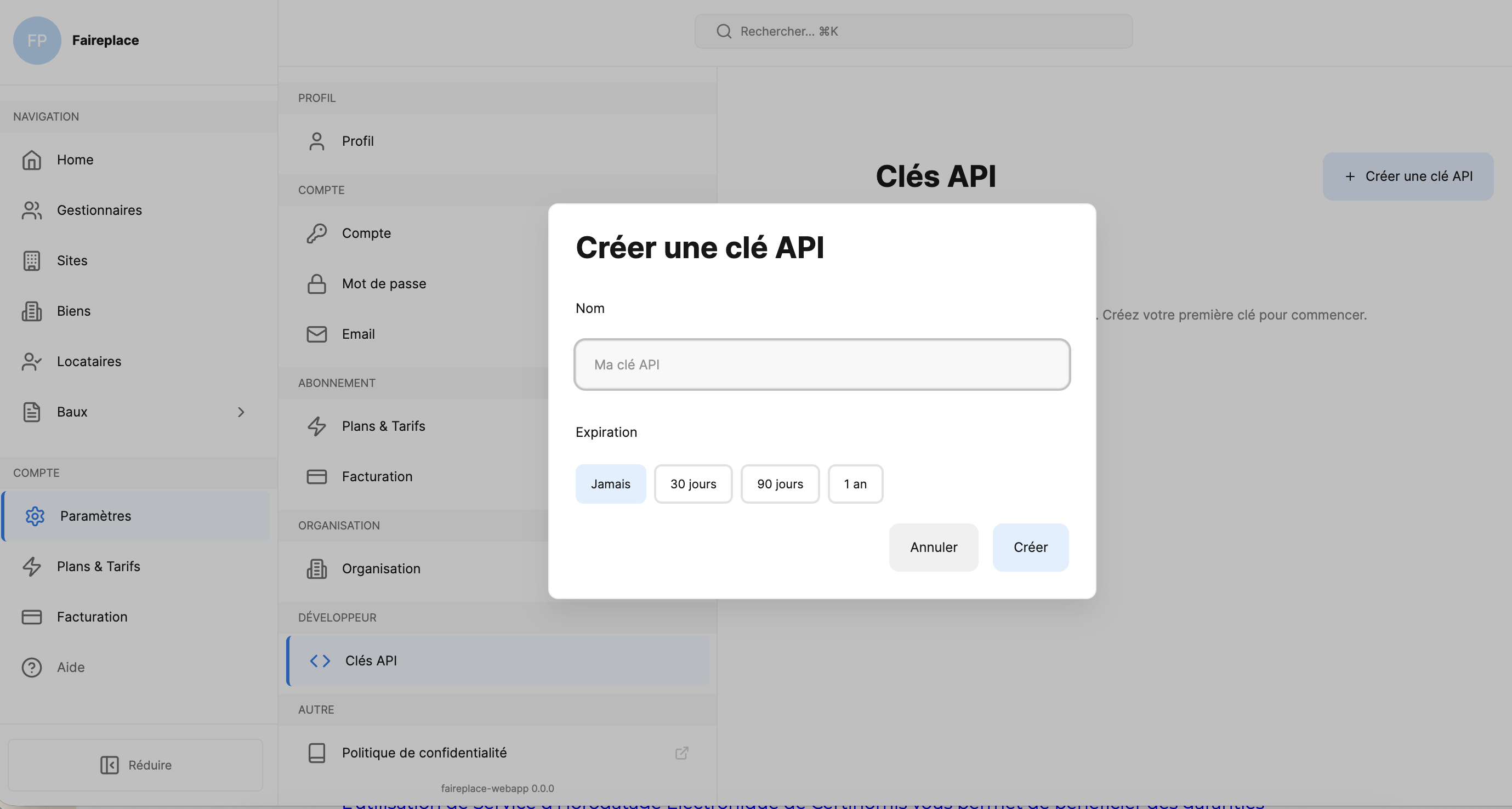 Create API Key dialog